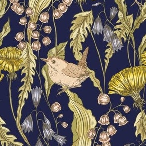 Spring night garden with warbler, bluebells, lily of the valley and dandelion on navy background