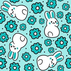 Bigger Scale Bunny Butts and Spring Flowers Turquoise