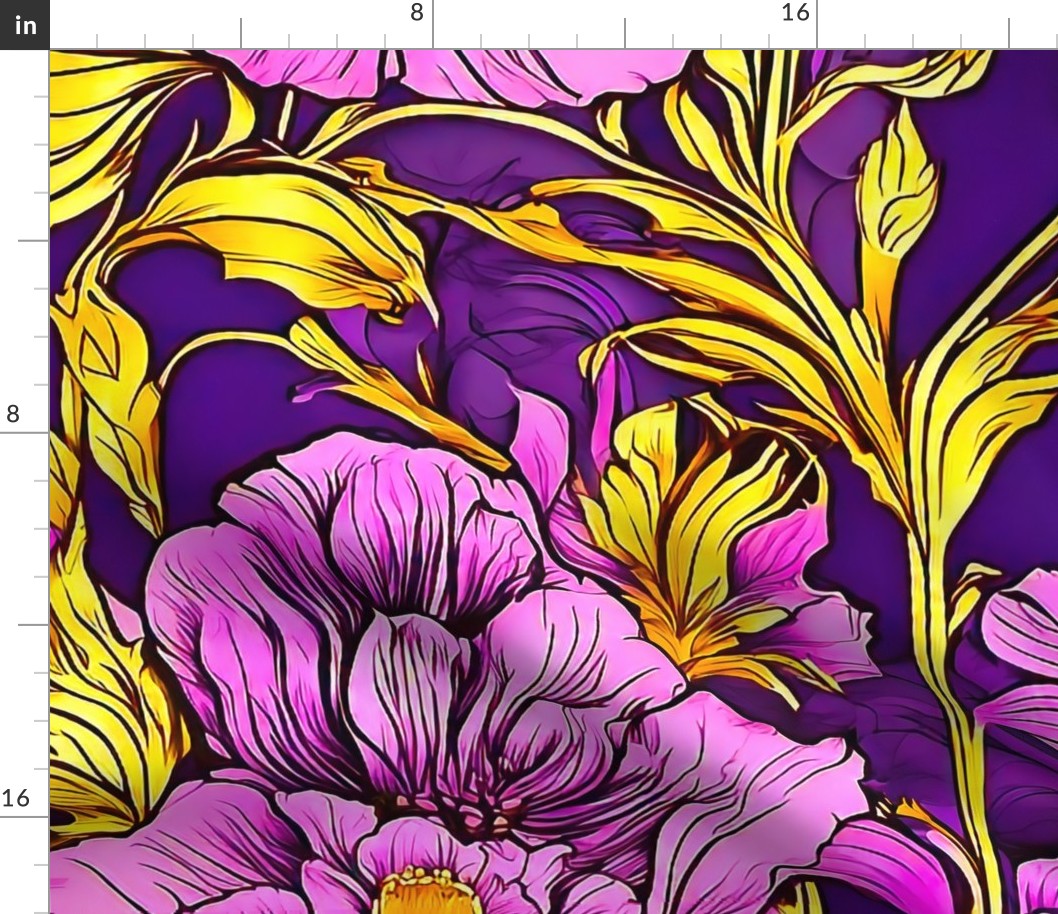 Gold purple and pink poppies Large scale