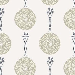 Seashell medallions - sand dollars  in pastel olive green and blue on white background 