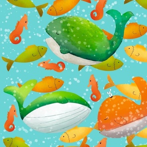 Smaller Sea Life with Whales, Fish Seahorses Bright Colors Kid Design Child Room Decor