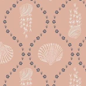 white and blue hand-drawn seashells and seagrass in ogee design on pastel brown background