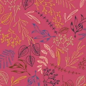 Colorful leaves whimsical yellow, blue, black, olive green, brown, peach fuzz on raspberry pink background