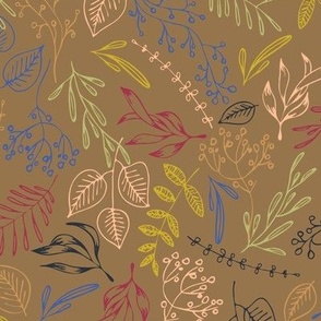 Colorful leaves whimsical yellow, blue, black, olive green, peach fuzz on brown background