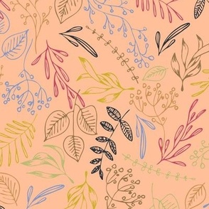 Colorful leaves whimsical yellow, blue, black, olive green, brown, on peach fuzz background