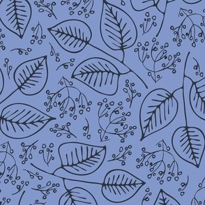 black delicate leaves and bunches of berries whimsical on light blue background