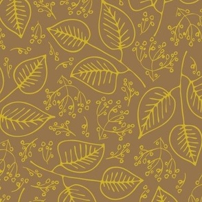 mango yellow delicate leaves and bunches of berries whimsical on brown background 