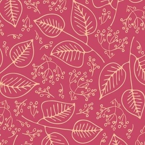 peach fuzz delicate leaves and bunches of berries whimsical on raspberry pink background