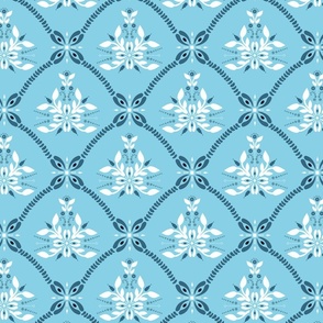 Greece ornament of leaves and flowers - blue and white on light blue background