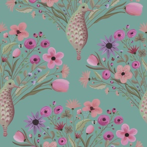 Soft color themed graphical peacocks with dainty floral tails - whimsical and maximalist  - large  print.