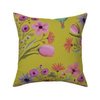 Cheerful maximalist bird damask with whimsical flower tails  - peacocks, bees, ladybirds and spider web - large  print 
