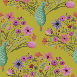 Cheerful maximalist bird damask with whimsical flower tails  - peacocks, bees, ladybirds and spider web - large  print 