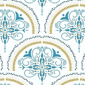 Greek seashell floral ornament in sea blue and yellow on white background