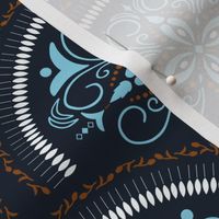 Greek seashell floral ornament in sea blue, white and copper brown on black background