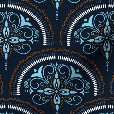 Greek seashell floral ornament in sea blue, white and copper brown on black background