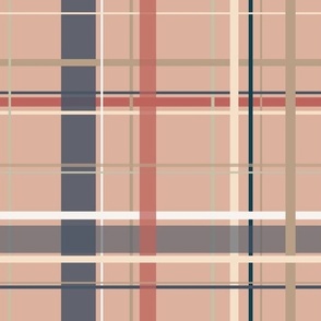 Checkered design in brown, beige, white, blue, apricot brown, redwood red