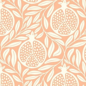 Block Print Pomegranates with Leaves - Peach & Cream - Medium Scale - Traditional Botanical with a Modern Flair