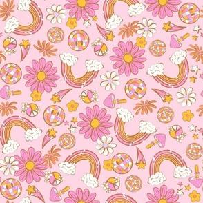 Groovy Pink Flower Power - Retro, Rainbow, Disco Ball, Smiley Face, Mushroom 