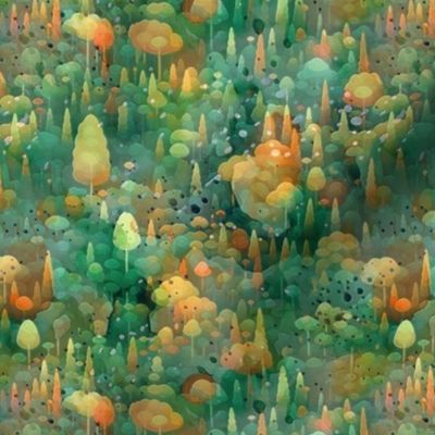 Watercolor Forest in green gold and orange