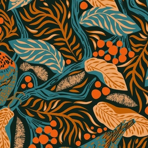 vivid forest | cottage core birds in branches | maximalist wallpaper blue beige terracotta orange berries | jumbo