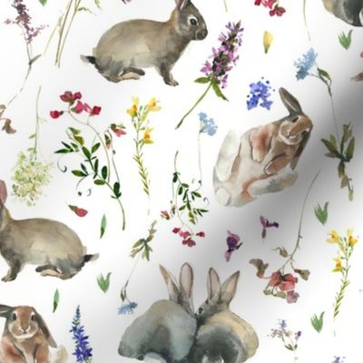 10" Hand Painted Watercolor Easter Bunnies And Springflowers, Wildest Wildflower Meadow - white