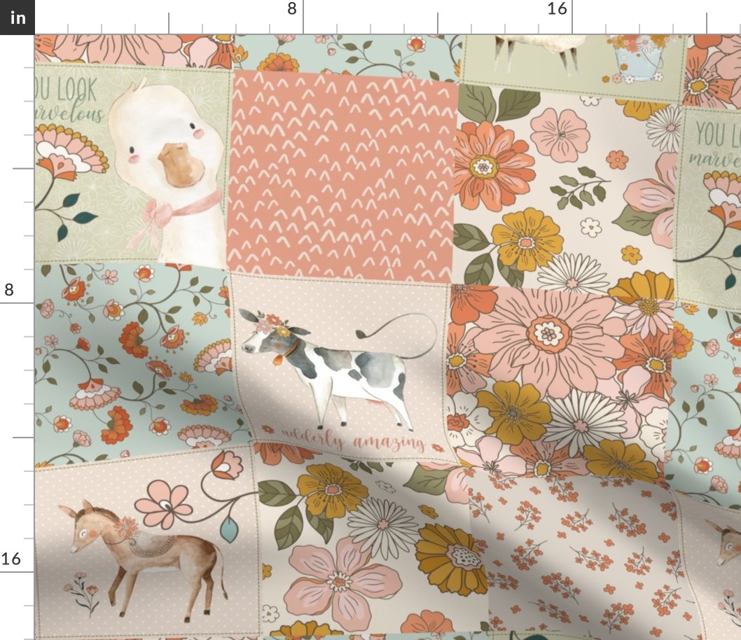 Retro Farm Quilt Bedding – boho baby, retro flowers, farm animals, vintage floral, pink and orange (quilt A)