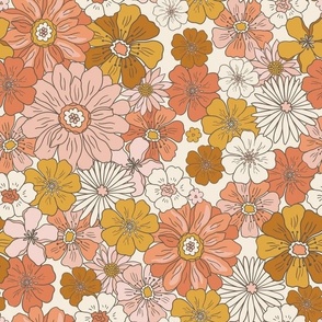 Retro Flowers – 1960s and 1970's Floral, mustard pink and orange flowers (12" repeat- flw6)
