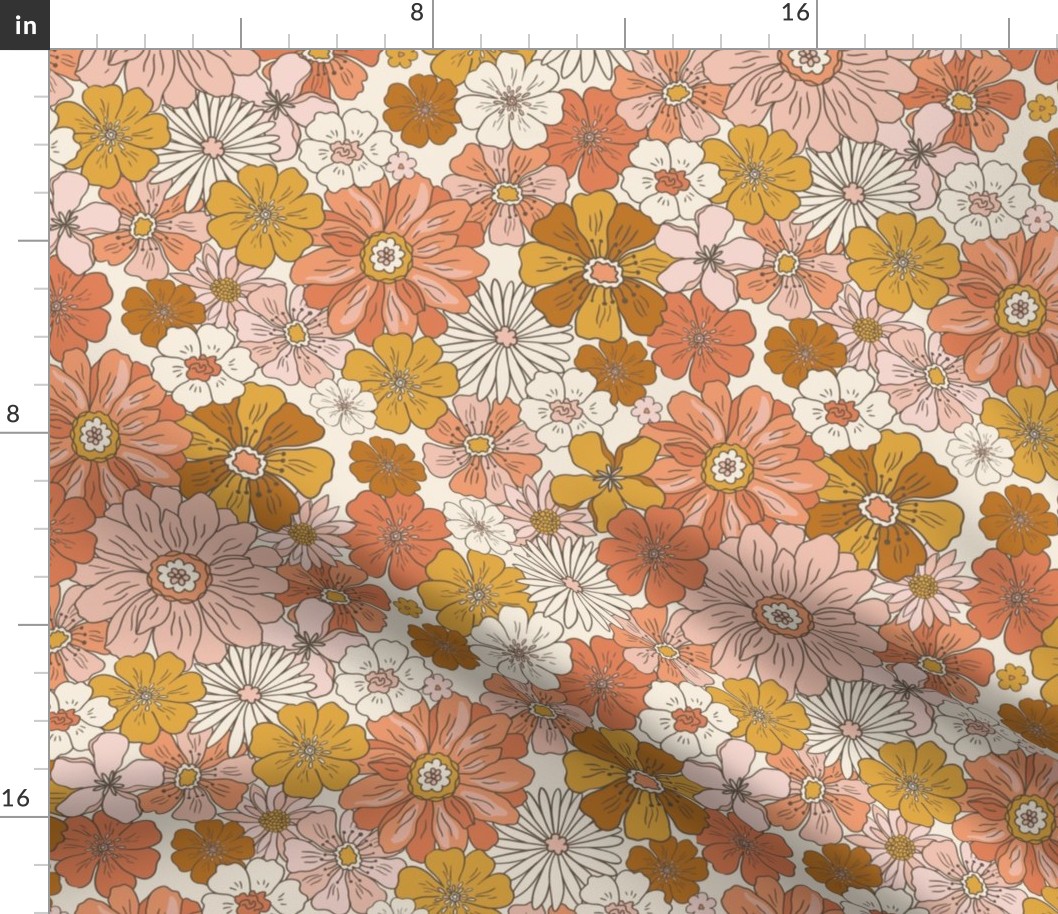 Retro Flowers – 1960s and 1970's Floral, mustard pink and orange flowers (12" repeat- flw6)