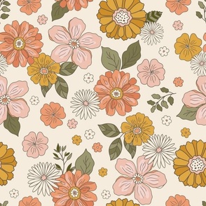 Retro Flowers – 1960s and 1970's Floral, mustard pink and orange flowers (12" repeat- flw20)