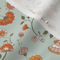 Retro Flowers – 1960s and 1970's Floral blue, mustard pink and orange flowers (6" repeat- flw9)