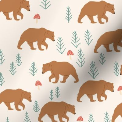 small grizzly brown bear in forest with mushrooms nordic woodland animals on cream