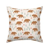 small grizzly brown bear in forest with mushrooms nordic woodland animals on cream