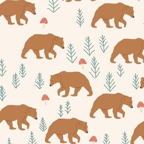 small grizzly brown bear in forest with mushrooms nordic woodland animals on cream