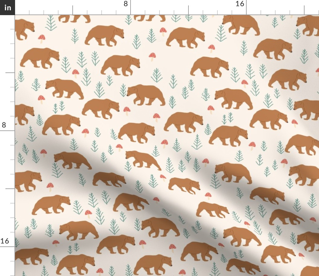 small grizzly brown bear in forest with mushrooms nordic woodland animals on cream