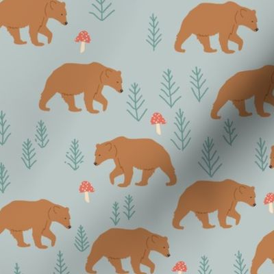 small grizzly brown bear in forest with mushrooms nordic woodland animals on green