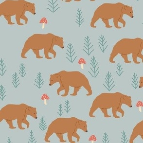 small grizzly brown bear in forest with mushrooms nordic woodland animals on green