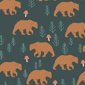 small grizzly brown bear in forest with mushrooms nordic woodland animals on dark green