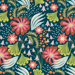 Flowers in the Breeze, Navy Background Multi