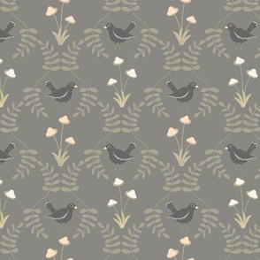 New Forest Blackbirds, Toadstools and Ferns in Taupe Grey