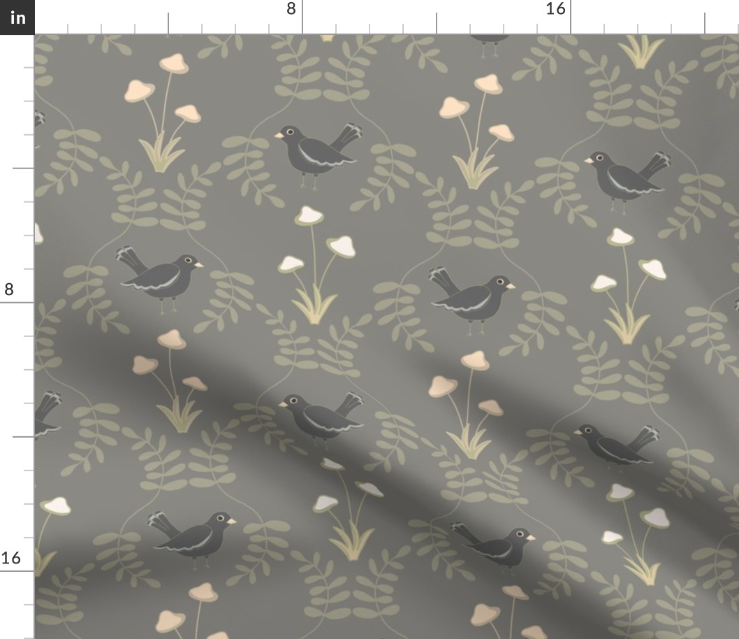New Forest Blackbirds, Toadstools and Ferns in Taupe Grey