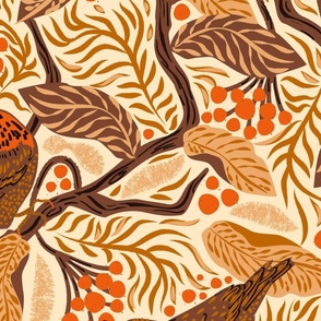 vivid forest | warm cottage core birds in branches | ivory tan Sienna brown and tangerine orange on cream white | jumbo