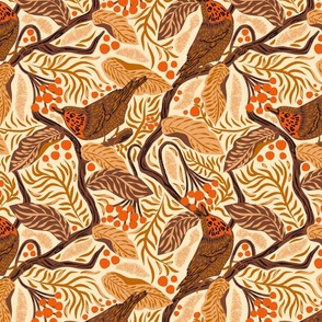 vivid forest | warm cottage core birds in branches | ivory tan Sienna brown and tangerine orange on cream white | large