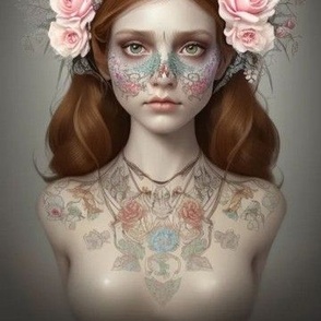 Beautiful Tattooed Girl with a Crown of Roses