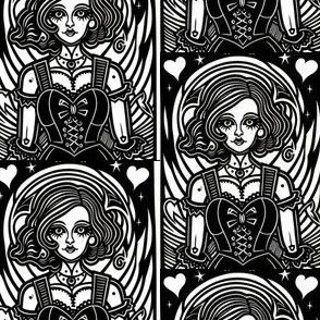 Young Queen of Hearts Wood Black Print Vintage Card Style