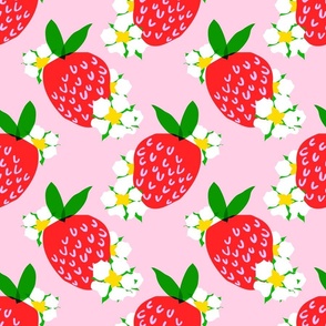 Strawberry Squared Pastel Pink Cream Mini Summer Fruit And Flowers Retro Modern Grandmillennial Garden Floral Botany Red, Green, Yellow And White Scandi Kitchen Repeat Pattern