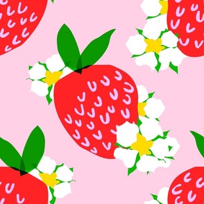 Strawberry Squared Pastel Pink Cream Summer Fruit And Flowers Retro Modern Grandmillennial Garden Floral Botany Red, Green, Yellow And White Scandi Kitchen Repeat Pattern