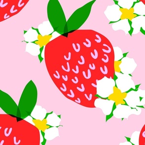 Strawberry Squared Pastel Pink Cream Big Summer Fruit And Flowers Retro Modern Grandmillennial Garden Floral Botany Red, Green, Yellow And White Scandi Kitchen Repeat Pattern