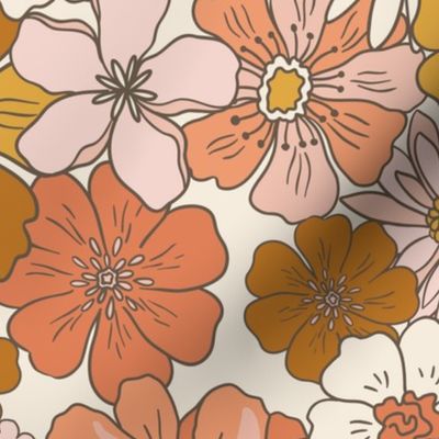 XL Retro Flowers – 1960s and 1970's Floral, mustard pink and orange flowers (24" repeat- flw6)