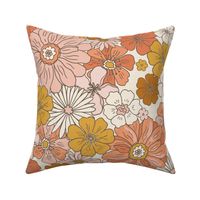 XL Retro Flowers – 1960s and 1970's Floral, mustard pink and orange flowers (24" repeat- flw6)