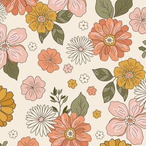 XL Retro Flowers – 1960s and 1970's Floral, mustard pink and orange flowers (24" repeat- flw20)